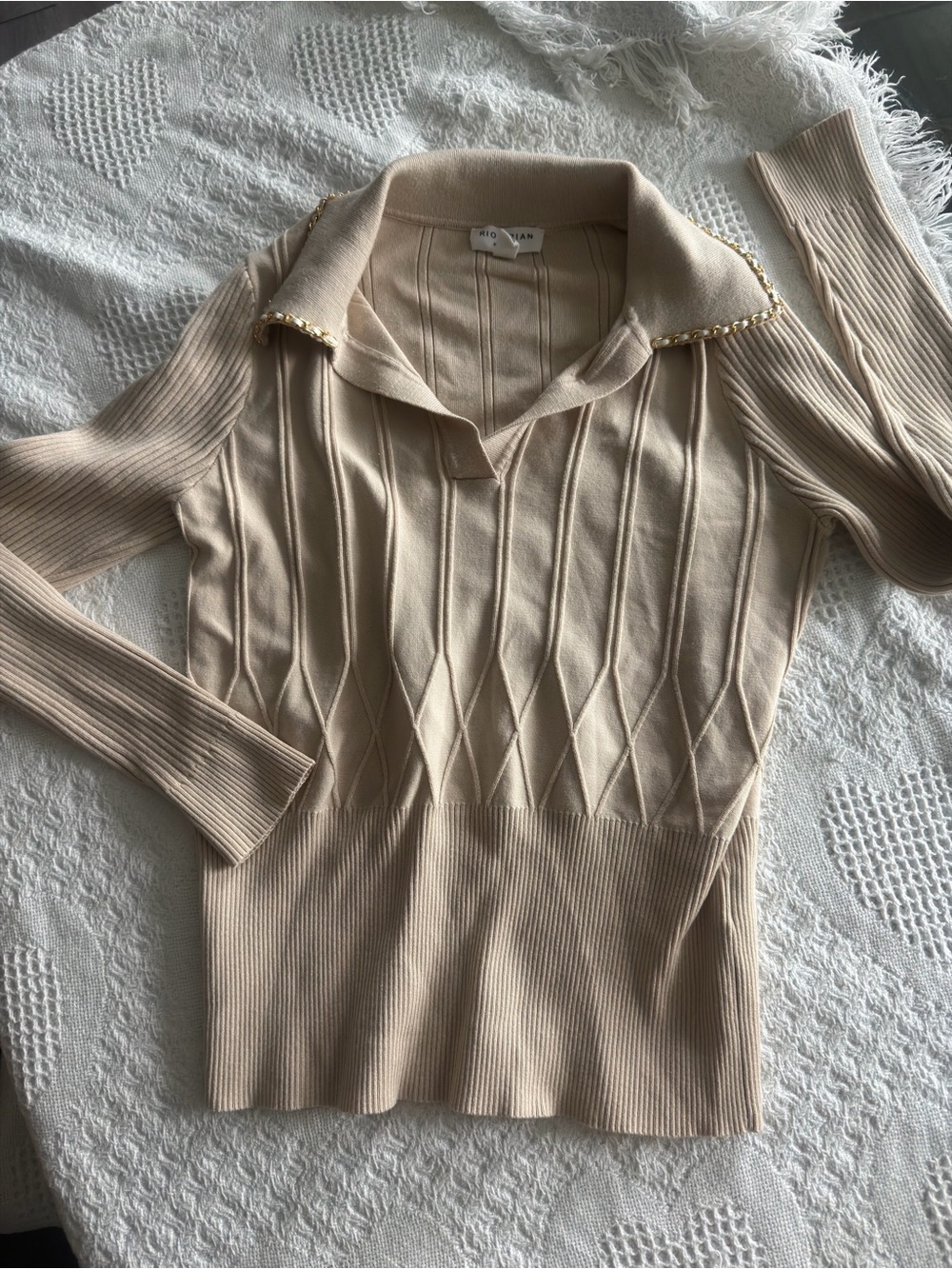 Beige Ribbed V-Neck Sweater with Pearl-Trim Collar